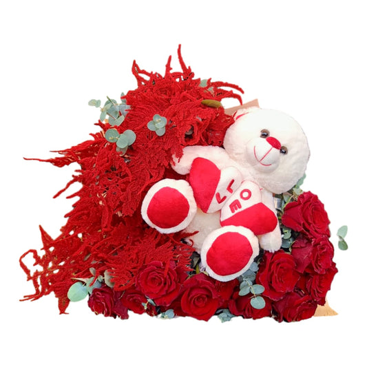 Teddy in love | Composizione di rose rosse